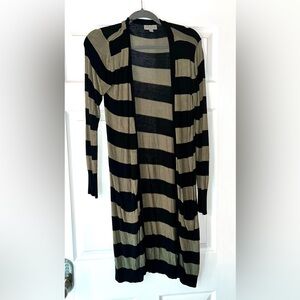 Long Open-Front Striped Cardigan Sweater - Black and Olive-gray family
